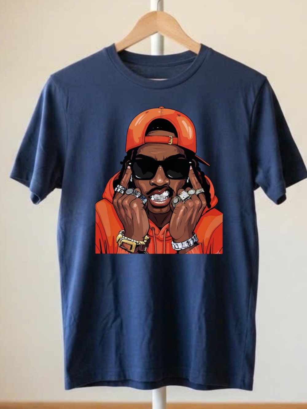 Gildan Navy Tee with Orange Graphic Rapper Illustration